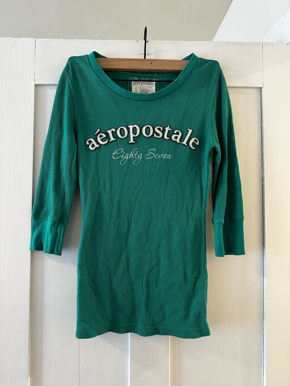 Aeropostale Green Stretch Ribbed 3/4 Sleeve Top